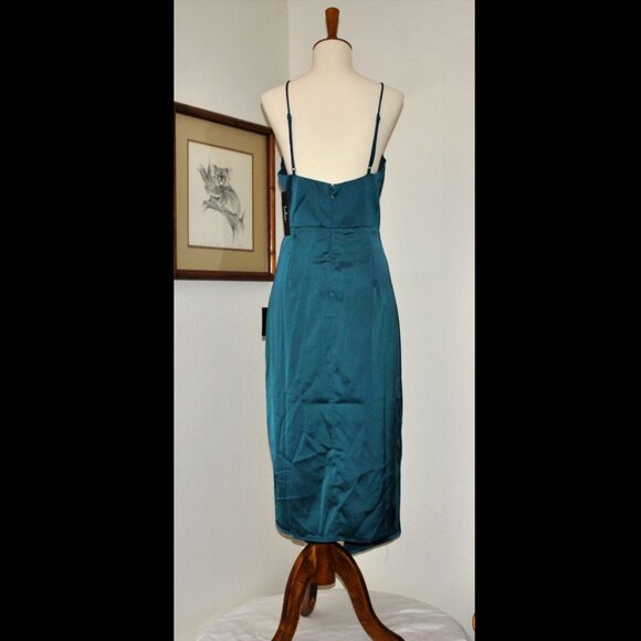 New Lulu's Teal Midi Dress Size Medium Large Asymmetrical Faux-Wrap - Picture 2 of 10